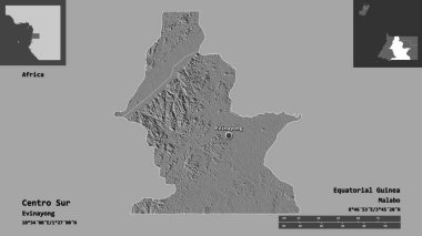 Centro Sur, Ekvator Ginesi ili ve başkenti. Uzaklık ölçeği, ön gösterimler ve etiketler. Çift seviyeli yükseklik haritası. 3B görüntüleme