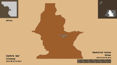 Centro Sur, Ekvator Ginesi ili ve başkenti. Uzaklık ölçeği, ön gösterimler ve etiketler. Desenli dokuların bileşimi. 3B görüntüleme