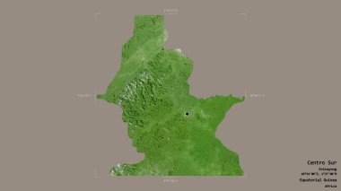 Centro Sur bölgesi, Ekvator Ginesi Bölgesi, jeoreferatlı bir sınır kutusunda katı bir arka planda izole edilmiş. Etiketler. Uydu görüntüleri. 3B görüntüleme