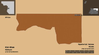 Ekvator Ginesi ili ve başkenti Kie-Ntem 'in şekli. Uzaklık ölçeği, ön gösterimler ve etiketler. Desenli dokuların bileşimi. 3B görüntüleme
