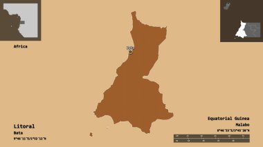 Litoral Şekli, Ekvator Ginesi ili ve başkenti. Uzaklık ölçeği, ön gösterimler ve etiketler. Desenli dokuların bileşimi. 3B görüntüleme