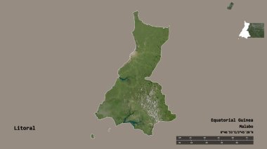 Litoral şekilli, Ekvator Ginesi ili, başkenti katı arka planda izole edilmiş. Uzaklık ölçeği, bölge önizlemesi ve etiketleri. Uydu görüntüleri. 3B görüntüleme
