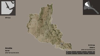 Anseba 'nın şekli, Eritre bölgesi ve başkenti. Uzaklık ölçeği, ön gösterimler ve etiketler. Uydu görüntüleri. 3B görüntüleme
