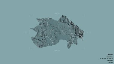 Debub bölgesi, Eritre bölgesi, jeoreferatlı bir sınır kutusunda sağlam bir arka planda izole edilmiş. Etiketler. Renkli yükseklik haritası. 3B görüntüleme