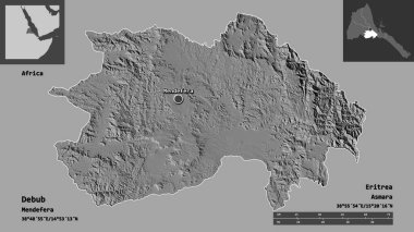 Debub 'un şekli, Eritre bölgesi ve başkenti. Uzaklık ölçeği, ön gösterimler ve etiketler. Çift seviyeli yükseklik haritası. 3B görüntüleme