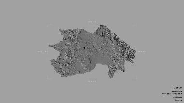 Debub bölgesi, Eritre bölgesi, jeoreferatlı bir sınır kutusunda sağlam bir arka planda izole edilmiş. Etiketler. Çift seviyeli yükseklik haritası. 3B görüntüleme