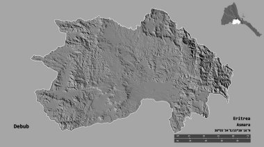 Debub 'un şekli, Eritre bölgesi, sermayesi sağlam bir zemin üzerinde izole edilmiş. Uzaklık ölçeği, bölge önizlemesi ve etiketleri. Çift seviyeli yükseklik haritası. 3B görüntüleme