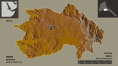 Debub 'un şekli, Eritre bölgesi ve başkenti. Uzaklık ölçeği, ön gösterimler ve etiketler. Topografik yardım haritası. 3B görüntüleme