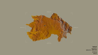 Debub bölgesi, Eritre bölgesi, jeoreferatlı bir sınır kutusunda sağlam bir arka planda izole edilmiş. Etiketler. Topografik yardım haritası. 3B görüntüleme