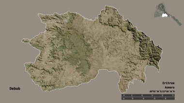 Debub 'un şekli, Eritre bölgesi, sermayesi sağlam bir zemin üzerinde izole edilmiş. Uzaklık ölçeği, bölge önizlemesi ve etiketleri. Uydu görüntüleri. 3B görüntüleme