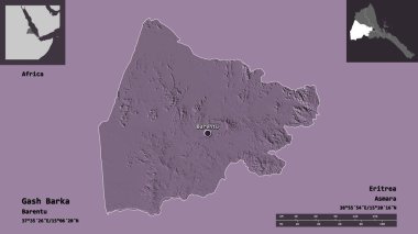 Eritre bölgesi ve başkenti Gash Barka 'nın şekli. Uzaklık ölçeği, ön gösterimler ve etiketler. Renkli yükseklik haritası. 3B görüntüleme
