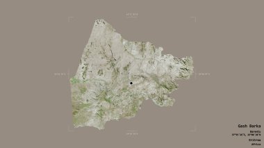 Eritre bölgesindeki Gash Barka bölgesi jeoreferatlı bir sınır kutusunun sağlam bir arka planında izole edilmiş. Etiketler. Uydu görüntüleri. 3B görüntüleme
