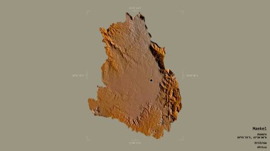 Maekel bölgesi, Eritre bölgesi, katı bir arka planda izole edilmiş bir sınır kutusunda. Etiketler. Topografik yardım haritası. 3B görüntüleme