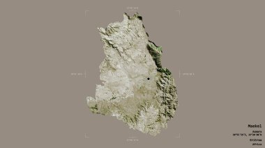 Maekel bölgesi, Eritre bölgesi, katı bir arka planda izole edilmiş bir sınır kutusunda. Etiketler. Uydu görüntüleri. 3B görüntüleme