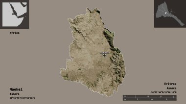 Maekel 'in şekli, Eritre bölgesi ve başkenti. Uzaklık ölçeği, ön gösterimler ve etiketler. Uydu görüntüleri. 3B görüntüleme