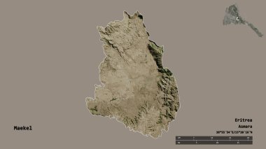 Eritre 'nin Maekel bölgesi, başkenti katı bir zemin ile izole edilmiştir. Uzaklık ölçeği, bölge önizlemesi ve etiketleri. Uydu görüntüleri. 3B görüntüleme