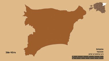 Estonya 'nın Ida-Viru ilçesi, başkenti sağlam arka planda izole edilmiştir. Uzaklık ölçeği, bölge önizlemesi ve etiketleri. Desenli dokuların bileşimi. 3B görüntüleme
