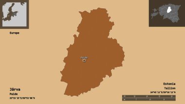Estonya 'nın Jarva ilçesi ve başkenti. Uzaklık ölçeği, ön gösterimler ve etiketler. Desenli dokuların bileşimi. 3B görüntüleme
