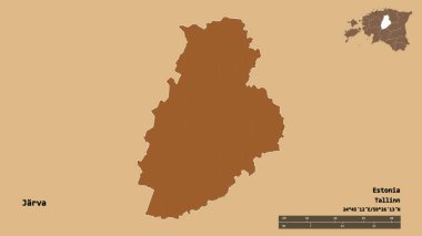 Estonya 'nın Jarva ilçesi, başkenti sağlam arka planda izole edilmiştir. Uzaklık ölçeği, bölge önizlemesi ve etiketleri. Desenli dokuların bileşimi. 3B görüntüleme