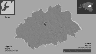 Estonya 'nın Jogeva ilçesi ve başkenti. Uzaklık ölçeği, ön gösterimler ve etiketler. Çift seviyeli yükseklik haritası. 3B görüntüleme