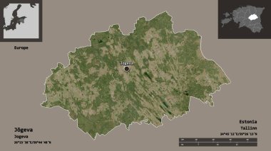 Estonya 'nın Jogeva ilçesi ve başkenti. Uzaklık ölçeği, ön gösterimler ve etiketler. Uydu görüntüleri. 3B görüntüleme