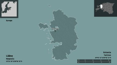Laane 'in şekli, Estonya eyaleti ve başkenti. Uzaklık ölçeği, ön gösterimler ve etiketler. Renkli yükseklik haritası. 3B görüntüleme