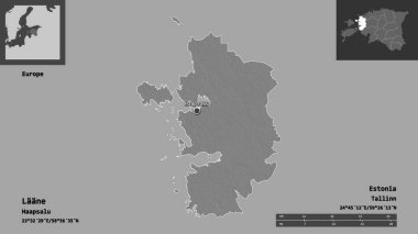 Laane 'in şekli, Estonya eyaleti ve başkenti. Uzaklık ölçeği, ön gösterimler ve etiketler. Çift seviyeli yükseklik haritası. 3B görüntüleme