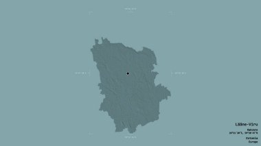 Estonya 'nın Laane-Viru bölgesi, jeoreferatlı bir sınır kutusunda sağlam bir arka planda izole edilmiş. Etiketler. Renkli yükseklik haritası. 3B görüntüleme