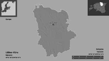 Estonya ve başkenti Laane-Viru 'nun şekli. Uzaklık ölçeği, ön gösterimler ve etiketler. Çift seviyeli yükseklik haritası. 3B görüntüleme
