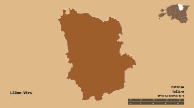 Estonya 'nın Laane-Viru ilçesi, başkenti sağlam arka planda izole edilmiştir. Uzaklık ölçeği, bölge önizlemesi ve etiketleri. Desenli dokuların bileşimi. 3B görüntüleme