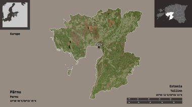 Estonya 'nın Parnu ilçesi ve başkenti. Uzaklık ölçeği, ön gösterimler ve etiketler. Uydu görüntüleri. 3B görüntüleme