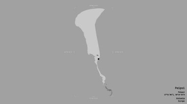 Estonya 'nın Peipsi ilçesi bir jeoreferated sınır kutusunda sağlam bir arka planda izole edilmiştir. Etiketler. Çift seviyeli yükseklik haritası. 3B görüntüleme