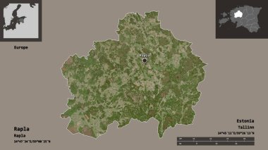 Estonya 'nın Rapla ilçesi ve başkenti. Uzaklık ölçeği, ön gösterimler ve etiketler. Uydu görüntüleri. 3B görüntüleme