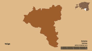 Estonya 'nın Valga ilçesi, başkenti sağlam arka planda izole edilmiştir. Uzaklık ölçeği, bölge önizlemesi ve etiketleri. Desenli dokuların bileşimi. 3B görüntüleme