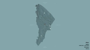 Afar bölgesi, Etiyopya eyaleti, jeoreferatlı bir sınır kutusunda katı bir arka planda izole edilmiş. Etiketler. Renkli yükseklik haritası. 3B görüntüleme