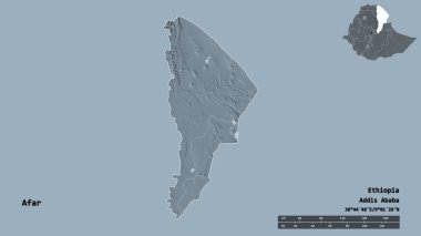 Afar 'ın şekli, Etiyopya eyaleti, sermayesi katı arka planda izole edilmiş. Uzaklık ölçeği, bölge önizlemesi ve etiketleri. Renkli yükseklik haritası. 3B görüntüleme