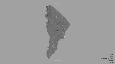 Afar bölgesi, Etiyopya eyaleti, jeoreferatlı bir sınır kutusunda katı bir arka planda izole edilmiş. Etiketler. Çift seviyeli yükseklik haritası. 3B görüntüleme