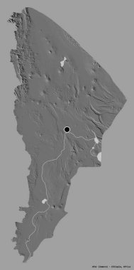Afar 'ın şekli, Etiyopya eyaleti, sermayesi katı renk arka planında izole edilmiş. Çift seviyeli yükseklik haritası. 3B görüntüleme