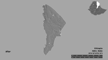 Afar 'ın şekli, Etiyopya eyaleti, sermayesi katı arka planda izole edilmiş. Uzaklık ölçeği, bölge önizlemesi ve etiketleri. Çift seviyeli yükseklik haritası. 3B görüntüleme