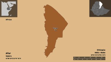 Afar 'ın şekli, Etiyopya eyaleti ve başkenti. Uzaklık ölçeği, ön gösterimler ve etiketler. Desenli dokuların bileşimi. 3B görüntüleme