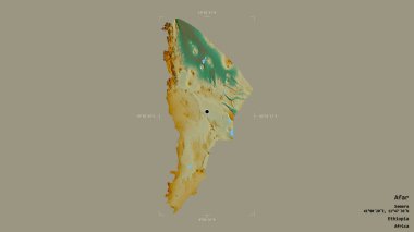 Afar bölgesi, Etiyopya eyaleti, jeoreferatlı bir sınır kutusunda katı bir arka planda izole edilmiş. Etiketler. Topografik yardım haritası. 3B görüntüleme