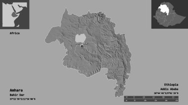 Amhara 'nın şekli, Etiyopya eyaleti ve başkenti. Uzaklık ölçeği, ön gösterimler ve etiketler. Çift seviyeli yükseklik haritası. 3B görüntüleme
