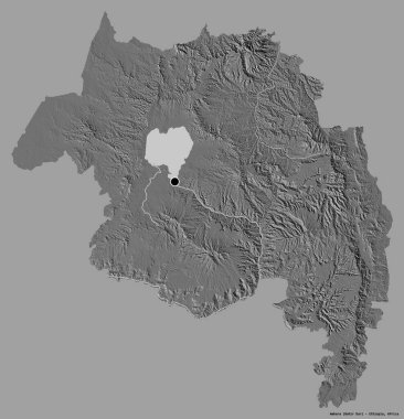 Etiyopya eyaleti Amhara 'nın şekli, sermayesi katı renk arka planında izole edilmiş. Çift seviyeli yükseklik haritası. 3B görüntüleme