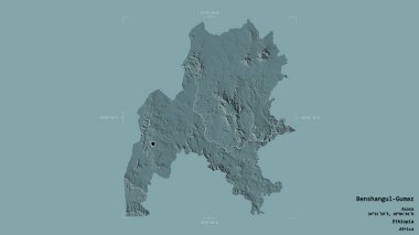 Etiyopya Devleti 'nin Benshangul-Gumaz bölgesi, jeoreferatlı bir sınır kutusunda sağlam bir arka planda izole edilmiştir. Etiketler. Renkli yükseklik haritası. 3B görüntüleme