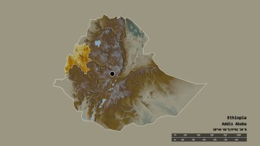 Başkenti, ana bölgesel bölümü ve ayrılan Benshangul-Gumaz bölgesi ile Etiyopya 'nın deforme edilmiş şekli. Etiketler. Topografik yardım haritası. 3B görüntüleme