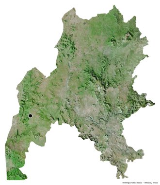 Etiyopya devleti Benshangul-Gumaz 'ın beyaz arka planda bulunan başkenti. Uydu görüntüleri. 3B görüntüleme