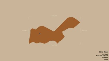 Dire Dawa bölgesi, Etiyopya şehri, jeoreferatlı bir sınır kutusunda sağlam bir arka planda izole edilmiş. Etiketler. Desenli dokuların bileşimi. 3B görüntüleme