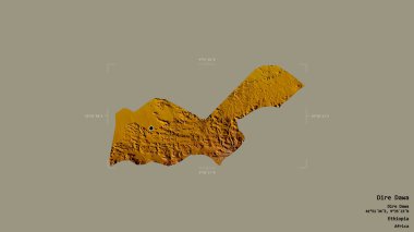 Dire Dawa bölgesi, Etiyopya şehri, jeoreferatlı bir sınır kutusunda sağlam bir arka planda izole edilmiş. Etiketler. Topografik yardım haritası. 3B görüntüleme