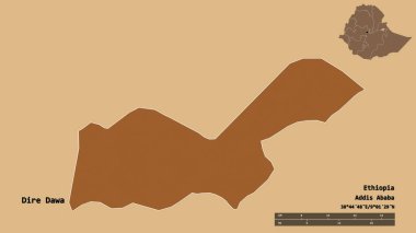 Etiyopya 'nın başkenti Dire Dawa' nın katı arka planda izole edilmiş hali. Uzaklık ölçeği, bölge önizlemesi ve etiketleri. Desenli dokuların bileşimi. 3B görüntüleme