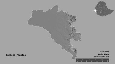 Etiyopya 'nın başkenti sağlam bir zemine sahip Gambela Halkı' nın şekli. Uzaklık ölçeği, bölge önizlemesi ve etiketleri. Çift seviyeli yükseklik haritası. 3B görüntüleme